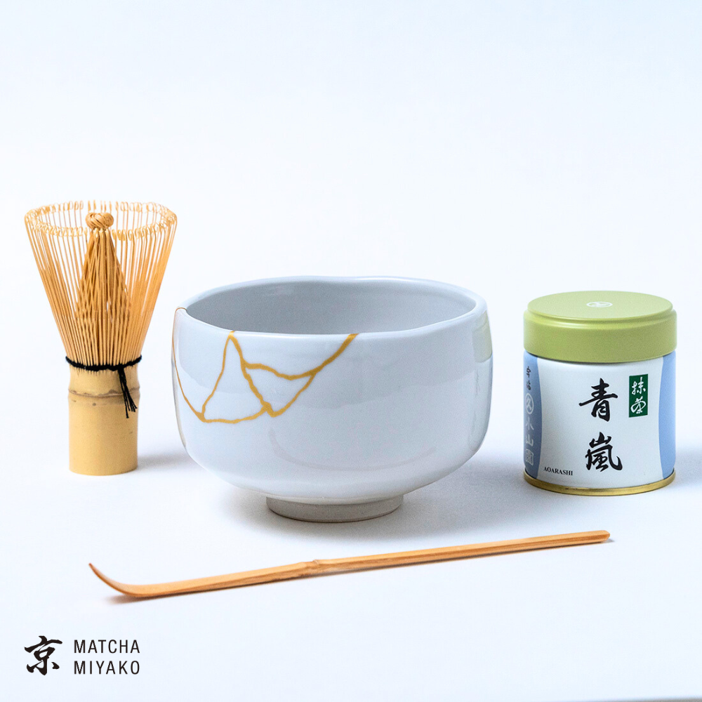 Japanese Matcha Tea Set - Tenmoku kintsugi (white)